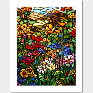 Stained Glass Colorful Mountain Flowers Posters and Art